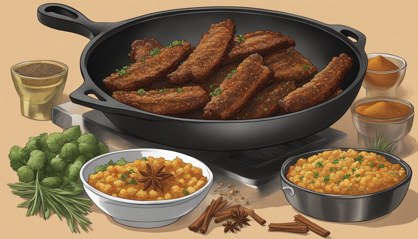 A sizzling skillet holds golden brown, crispy fried ribs, surrounded by a sprinkle of Texas spices and herbs