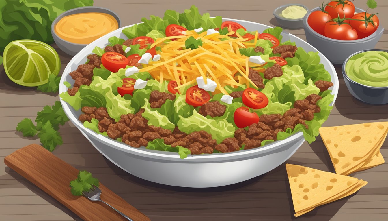 A colorful array of fresh lettuce, tomatoes, ground beef, cheese, and crunchy tortilla strips arranged in a large bowl, with a dollop of creamy guacamole and a drizzle of tangy salsa on top