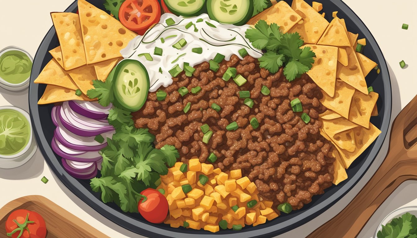 A colorful array of fresh vegetables, beans, cheese, and tortilla strips arranged around a hearty bowl of seasoned ground beef, all topped with a dollop of sour cream and a sprinkle of chopped cilantro