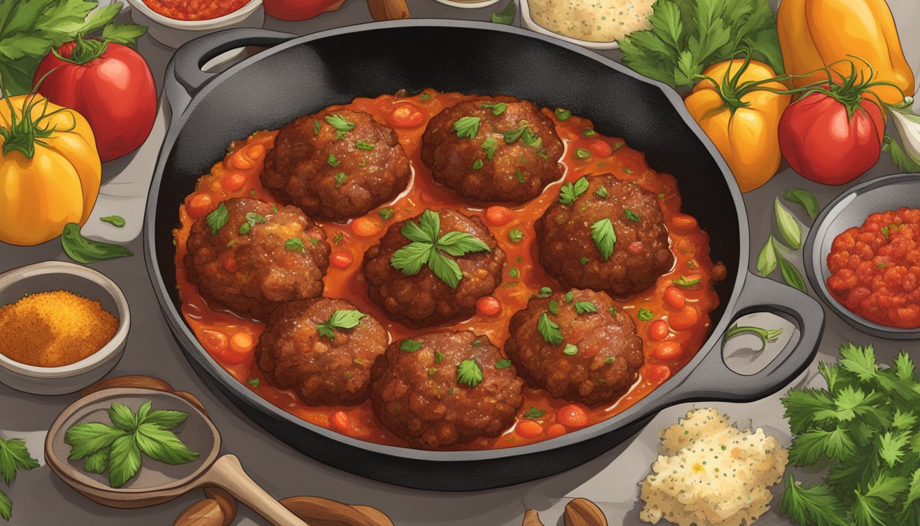 A sizzling skillet of Texas-style vegetarian meatballs simmering in marinara sauce, surrounded by colorful spices and herbs