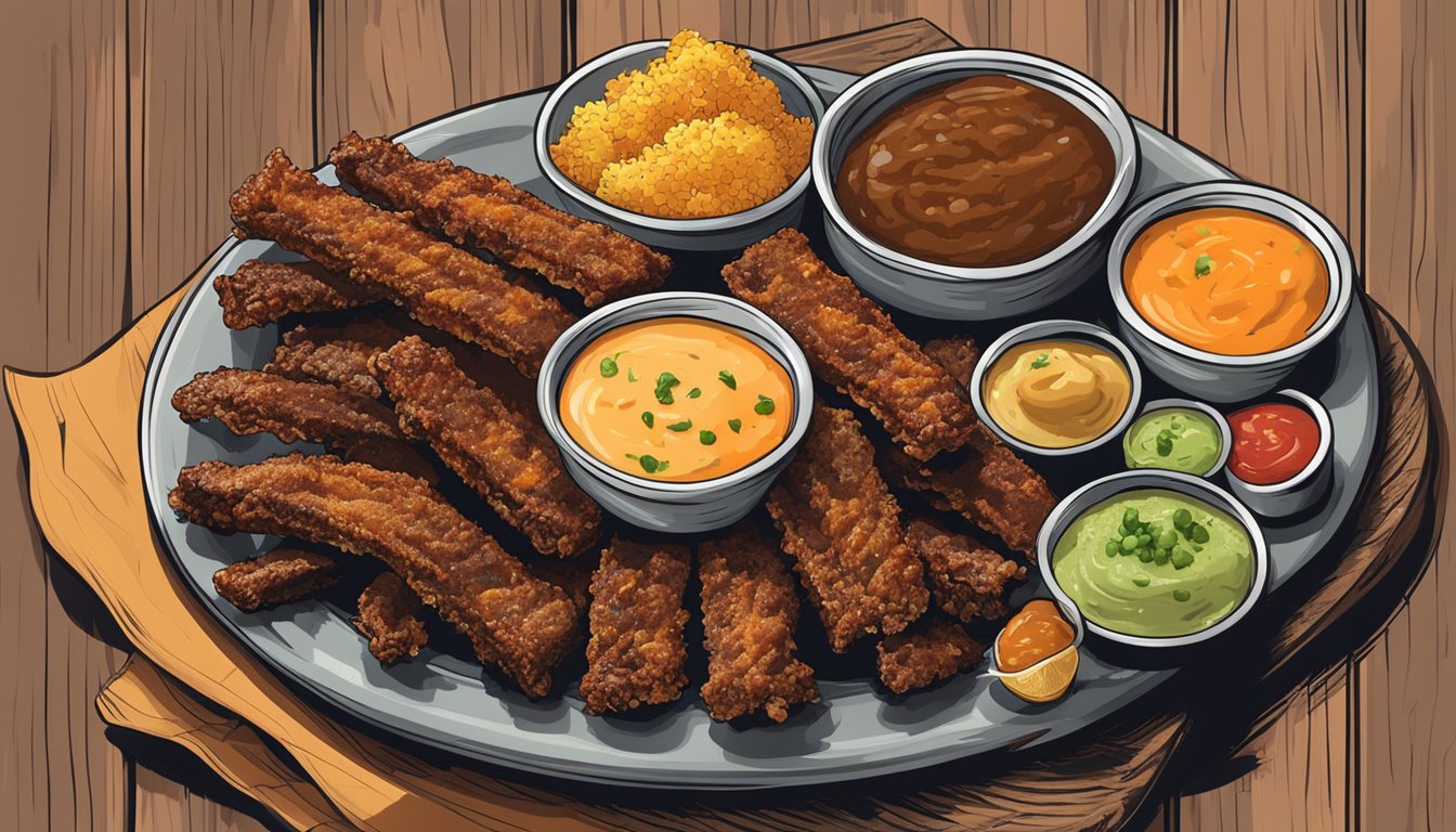 A platter of crispy fried ribs with an assortment of colorful and flavorful dips, set against a backdrop of a rustic Texas-style setting