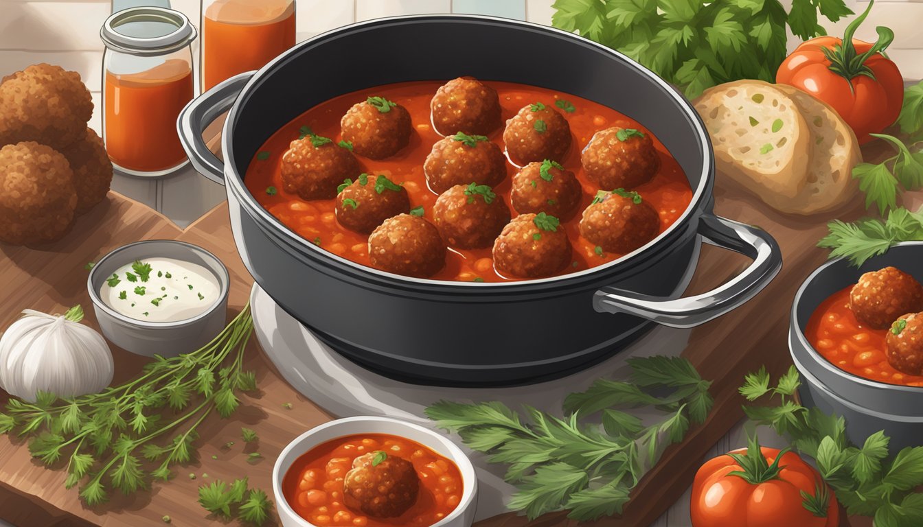 A simmering pot of marinara sauce filled with texas style vegetarian meatballs, surrounded by fresh herbs and spices