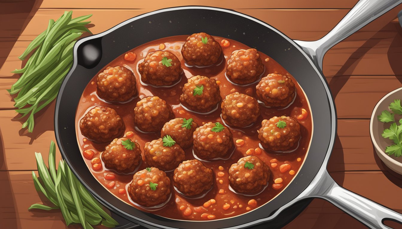 A sizzling skillet of Texas-style vegetarian meatballs simmering in marinara sauce, emitting a mouthwatering aroma