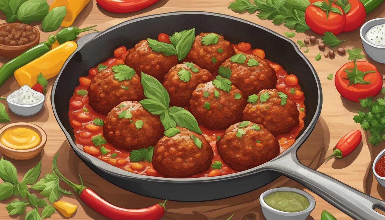 A sizzling skillet of Texas-style vegetarian meatballs in marinara sauce, surrounded by colorful spices and fresh herbs