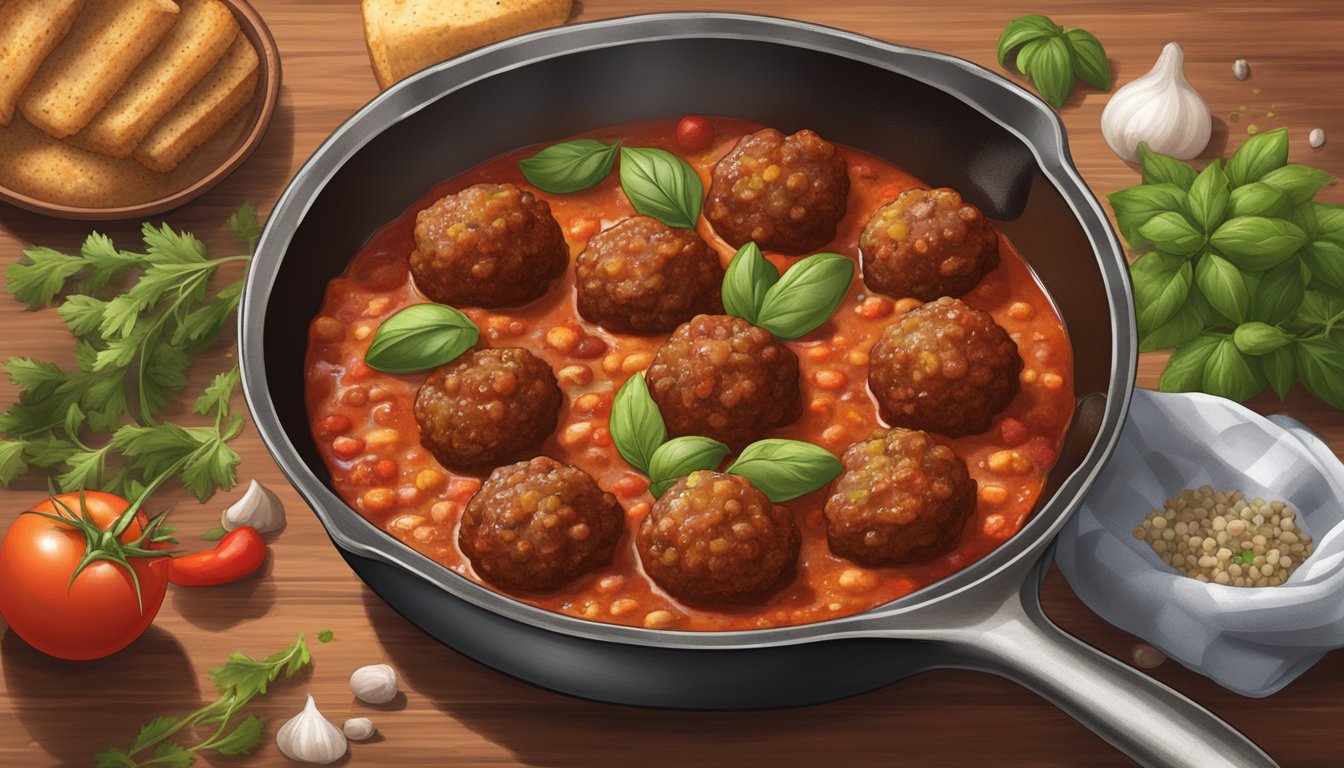 A sizzling skillet of Texas-style vegetarian meatballs simmering in rich marinara sauce, surrounded by vibrant herbs and spices