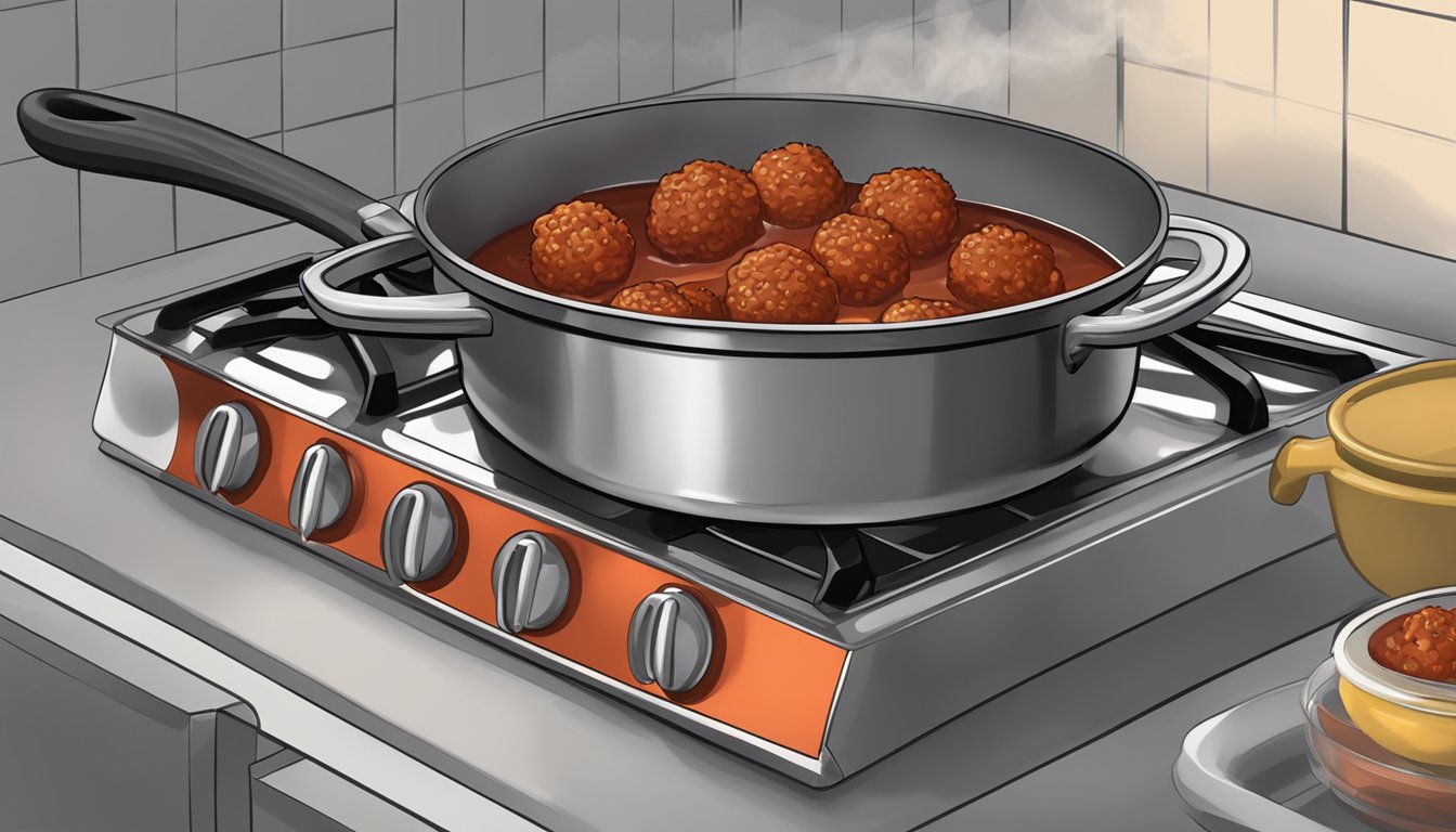 A pot of marinara sauce with texas style vegetarian meatballs being reheated on a stovetop