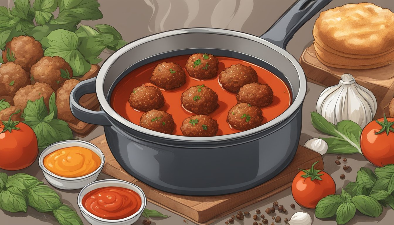 A bubbling pot of marinara sauce with texas style vegetarian meatballs surrounded by herbs and spices