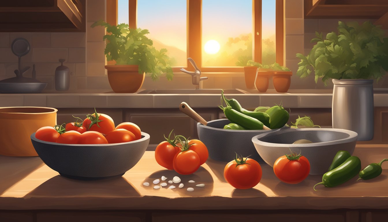 A rustic kitchen with a stone mortar and pestle, fresh tomatoes, onions, and jalapeños, surrounded by the warm glow of a setting sun