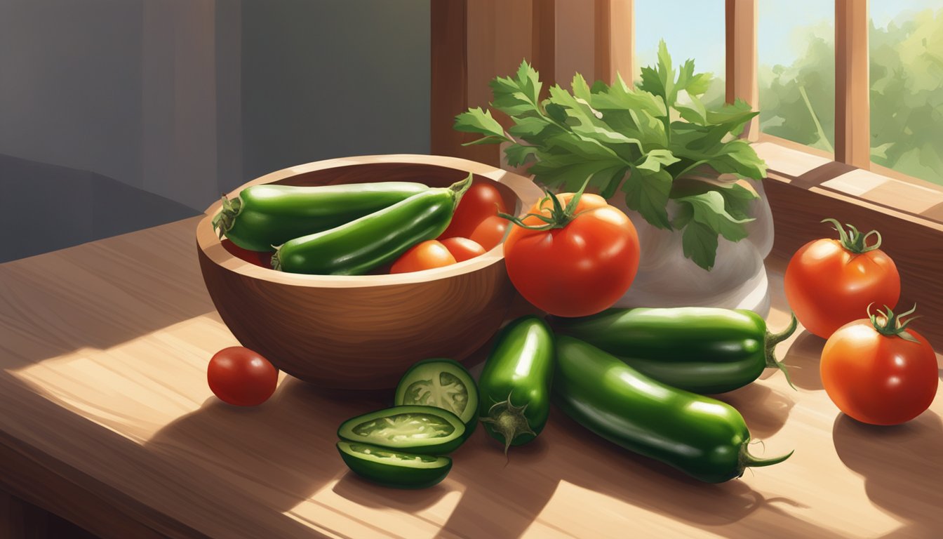 Fresh tomatoes, jalapenos, onions, and garlic arranged on a wooden cutting board. A mortar and pestle sits nearby. Sunlight streams through a window onto the ingredients