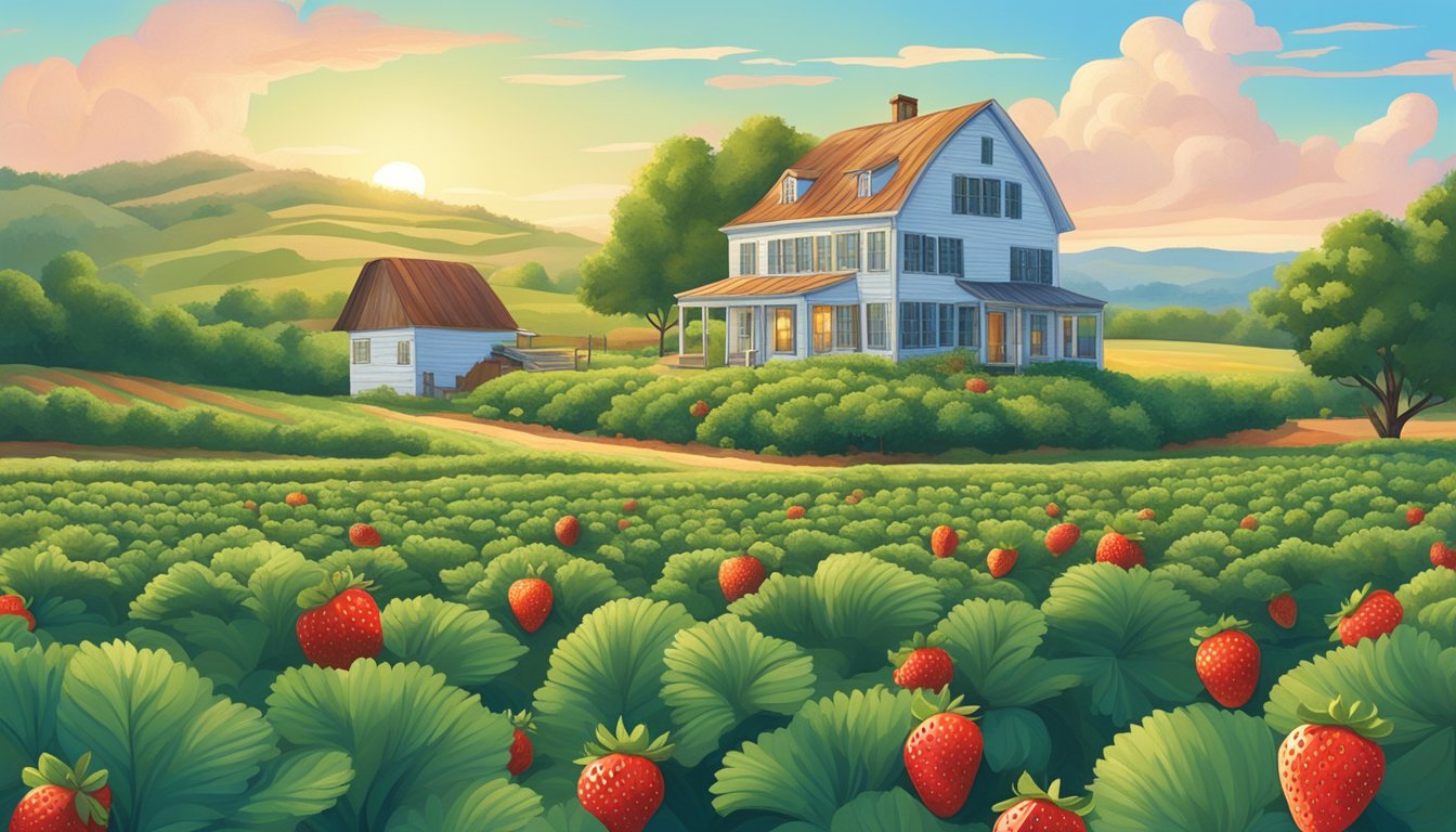 A lush Texas strawberry field with a quaint farmhouse in the background, surrounded by rolling hills and a bright blue sky