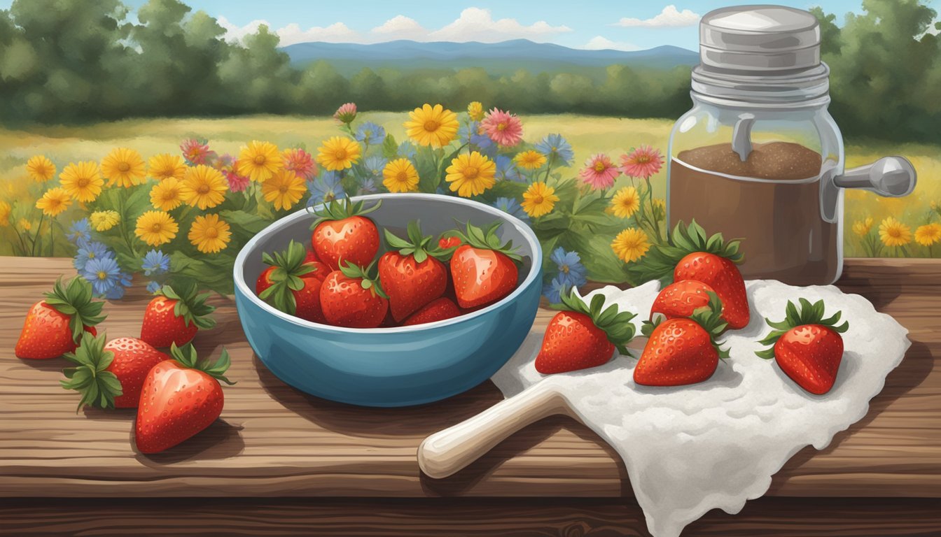 A rustic wooden table with fresh Poteet strawberries, flour, sugar, and a rolling pin, surrounded by Texas wildflowers