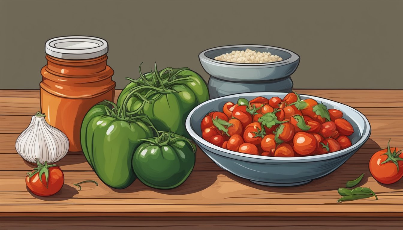 A rustic wooden table with fresh tomatoes, onions, garlic, and jalapenos, surrounded by a mortar and pestle, a cutting board, and a bowl of vibrant, homemade roasted tomato salsa