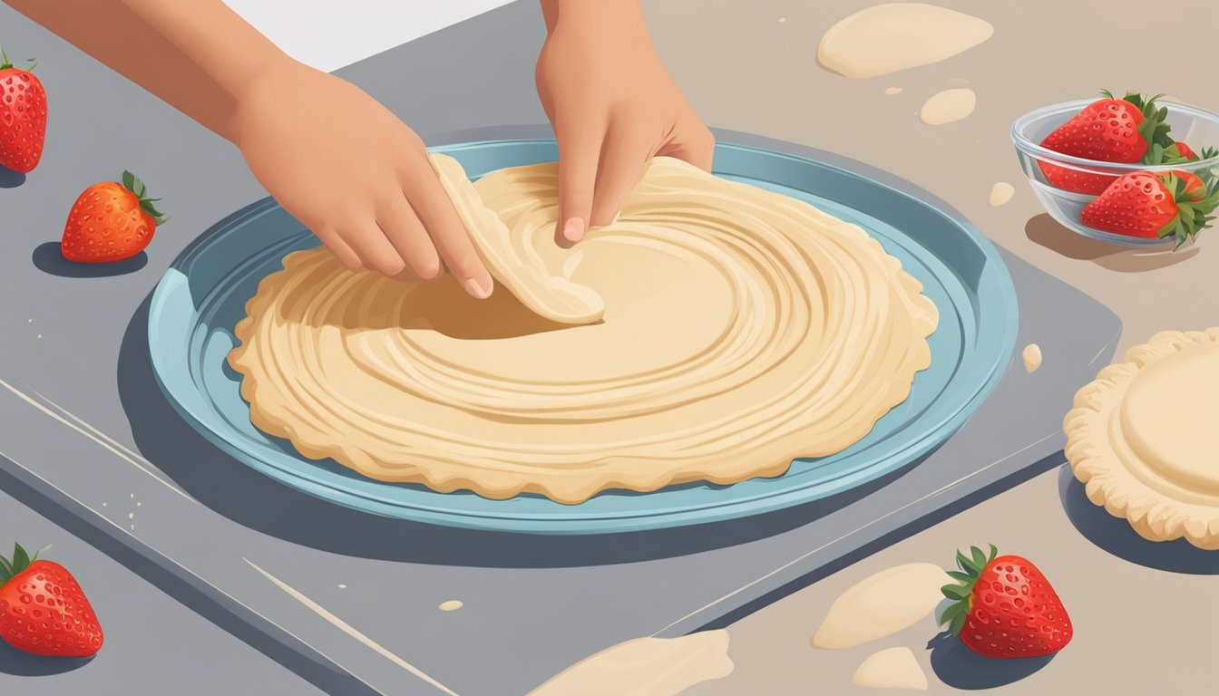 A hand rolling out dough on a floured surface, with a pie dish and strawberries nearby