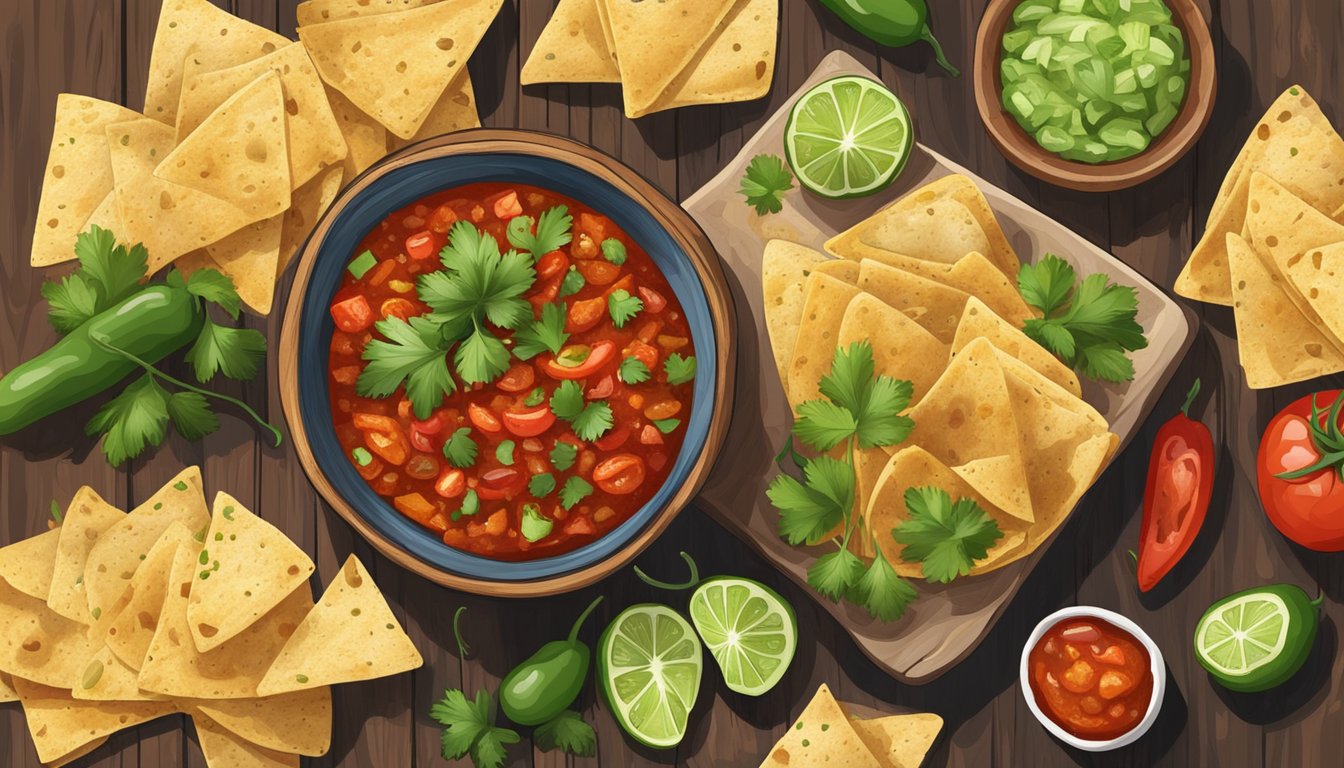 A rustic wooden table with a bowl of homemade roasted tomato salsa, surrounded by tortilla chips, fresh cilantro, and sliced jalapeños