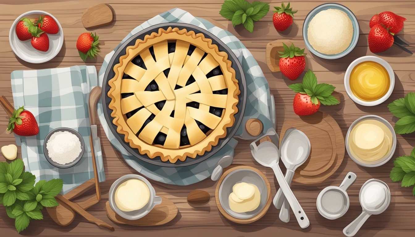 A rustic kitchen counter with ingredients and utensils for making Poteet strawberry pie