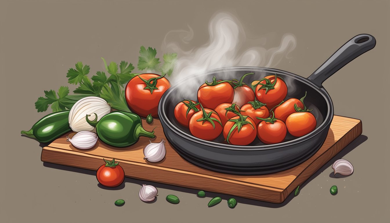 Ripe tomatoes, jalapeños, and onions sizzling on a hot grill, filling the air with a smoky aroma. A mortar and pestle crushes garlic and cilantro, ready to be mixed into the salsa