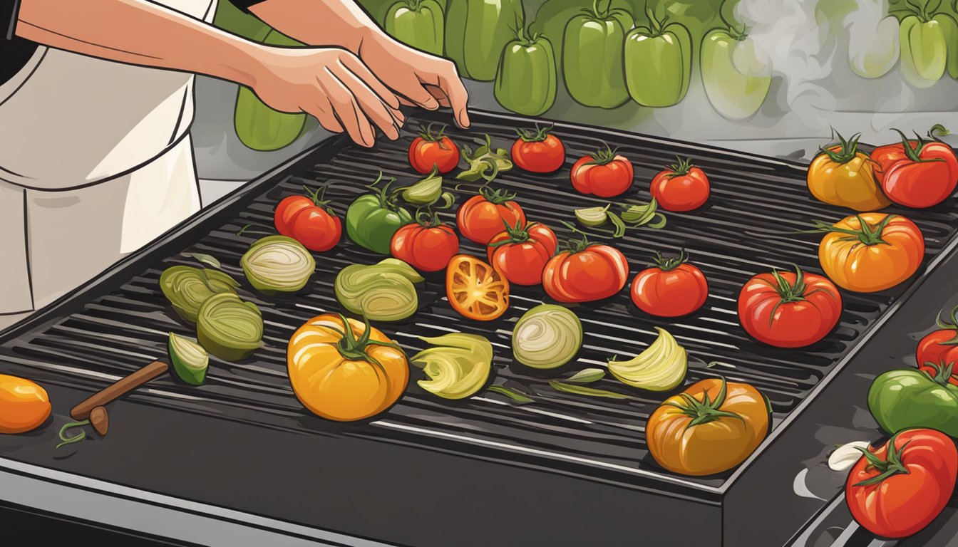 Fresh tomatoes, onions, and peppers roasting on a grill. A chef sprinkles them with spices and herbs, ready to blend into a delicious Texas-style salsa