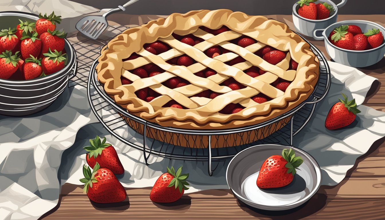 A rustic kitchen counter with a freshly baked Poteet strawberry pie cooling on a wire rack, surrounded by bowls of ripe strawberries and a vintage pie server