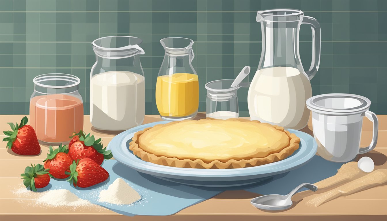 A table with ingredients: strawberries, sugar, flour, butter, eggs, and pie crust. A mixing bowl and measuring cups are nearby