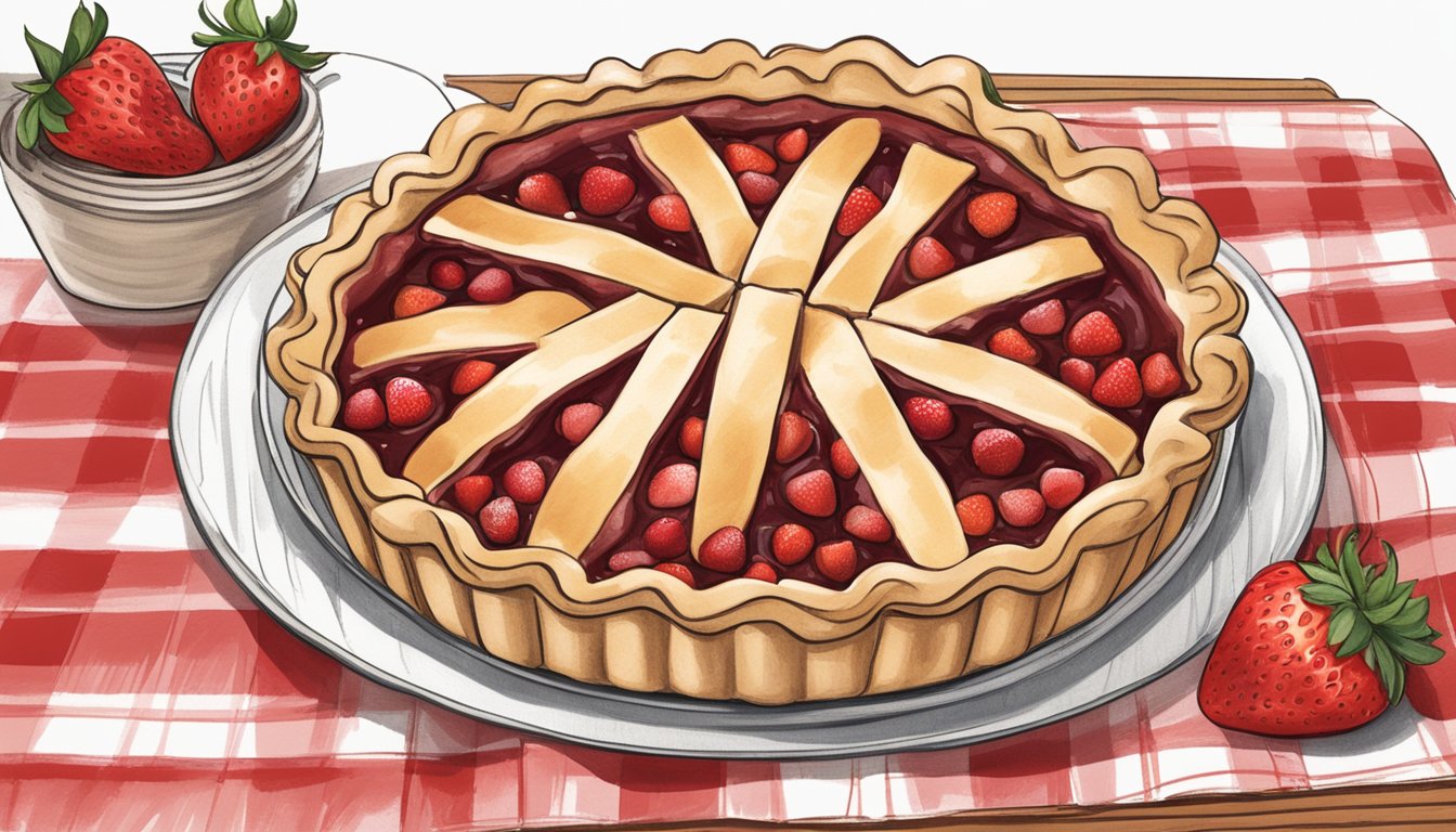 A rustic kitchen with a red checkered tablecloth, fresh strawberries, a rolling pin, and a handwritten recipe for Texas-style Poteet strawberry pie