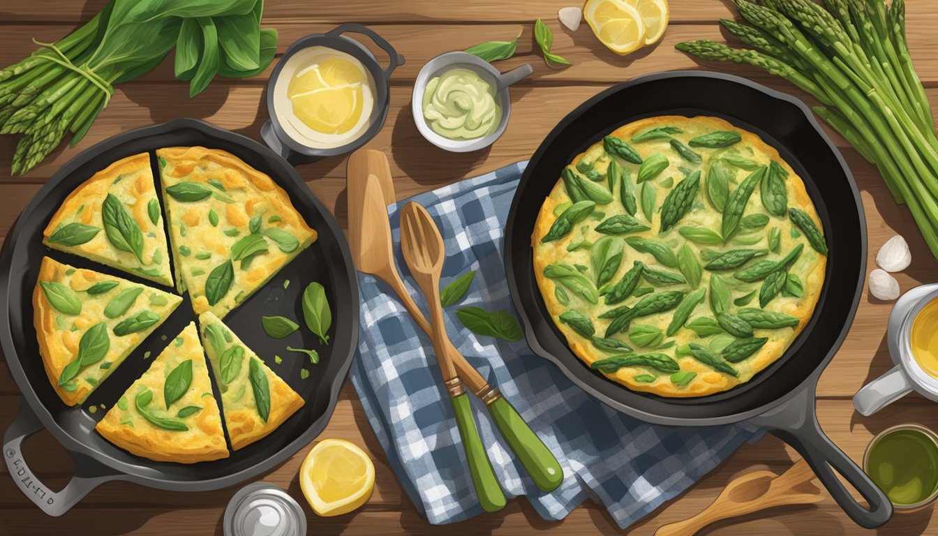 A rustic kitchen with a sizzling skillet of steaming spinach and asparagus frittata, surrounded by Texan decor and ingredients