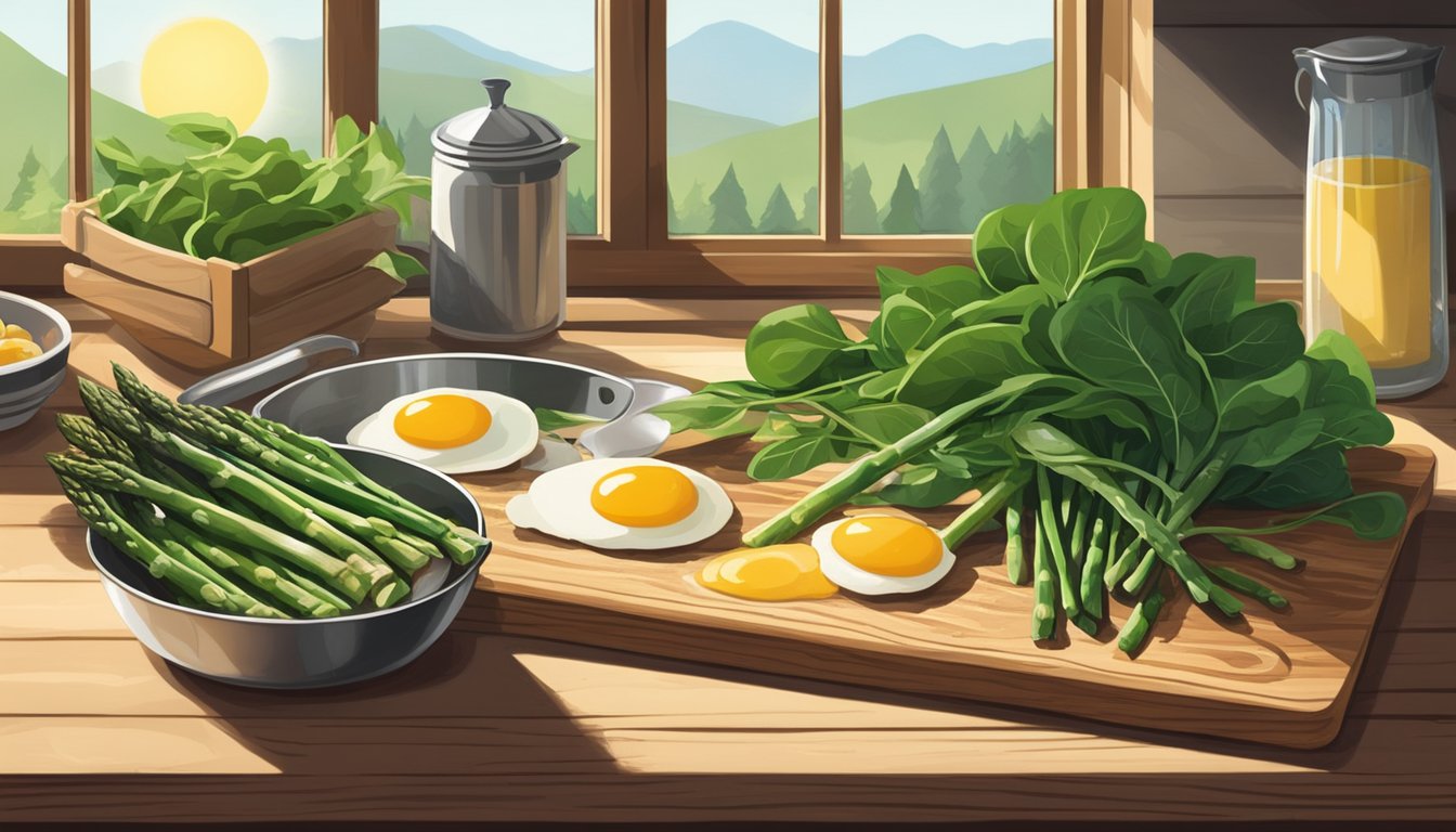 A rustic Texas-style kitchen with fresh spinach, asparagus, and eggs on a wooden cutting board. Sunlight streams through a window onto the ingredients