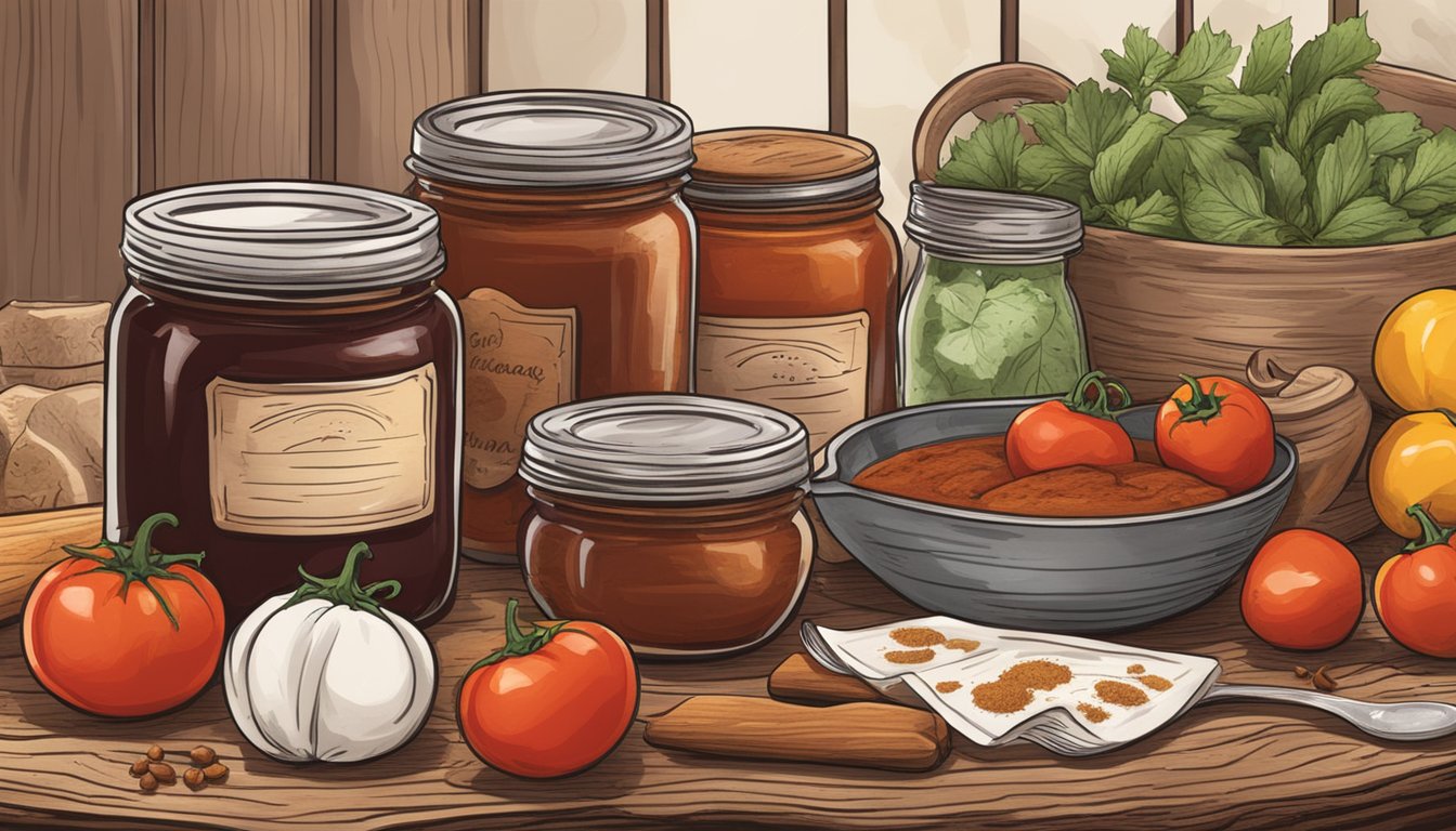 A rustic wooden table with jars of homemade bbq sauce, surrounded by ingredients like tomatoes, peppers, and spices. A handwritten recipe card sits nearby