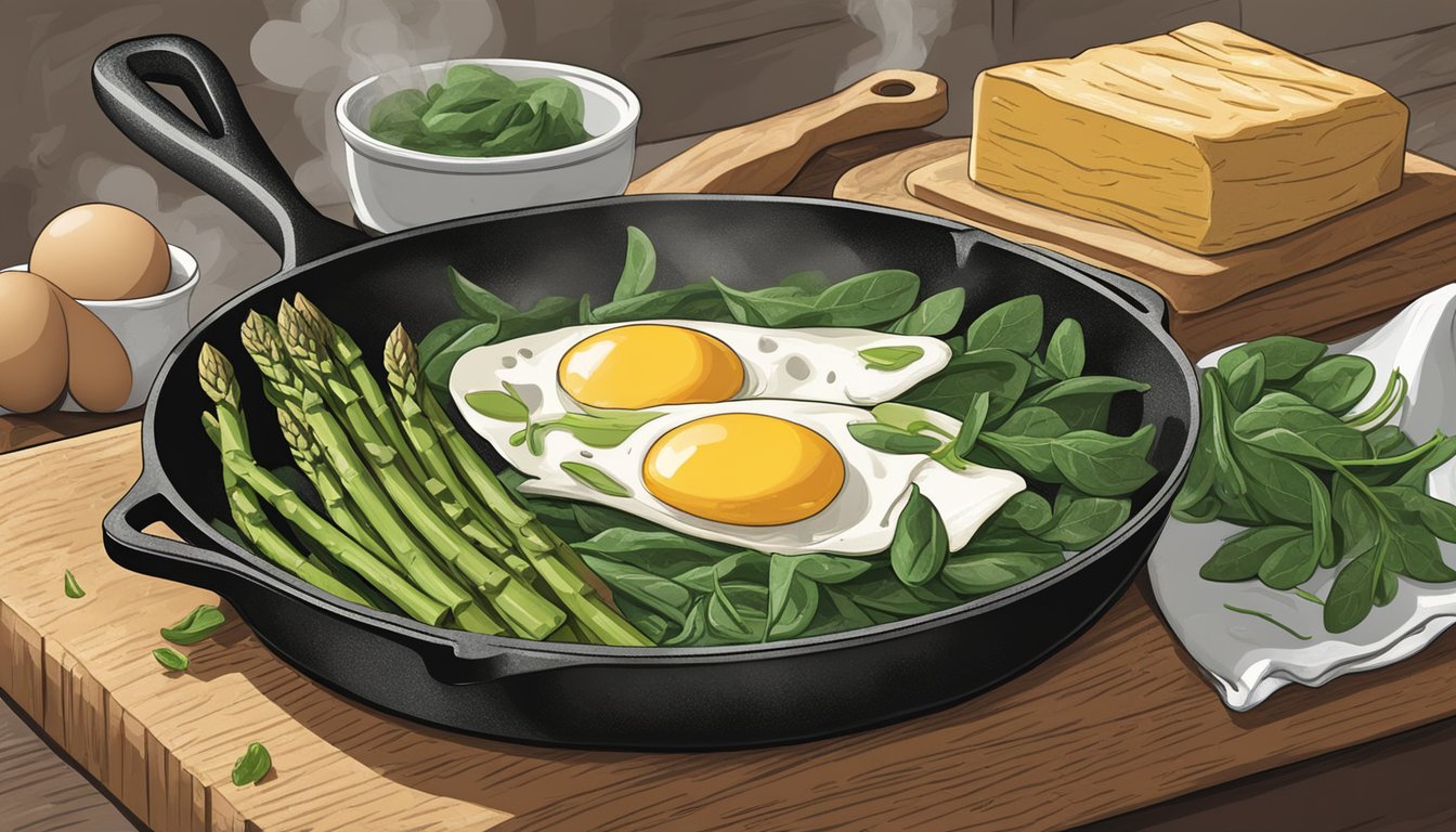 Fresh asparagus and spinach arranged on a cutting board, eggs being whisked in a bowl, and a cast iron skillet sizzling on the stove