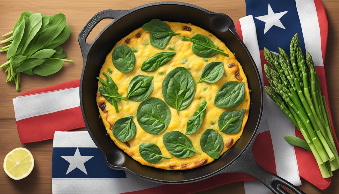 A cast iron skillet filled with a sizzling frittata surrounded by fresh spinach and asparagus, with a Texas flag apron hanging nearby