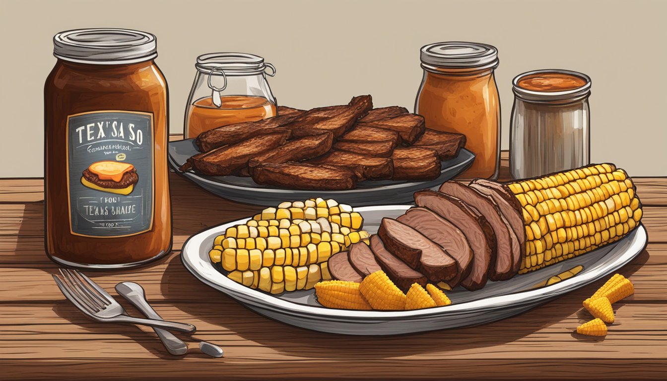 A rustic wooden table with a spread of grilled meats, corn on the cob, and a jar of homemade Texas-style BBQ sauce