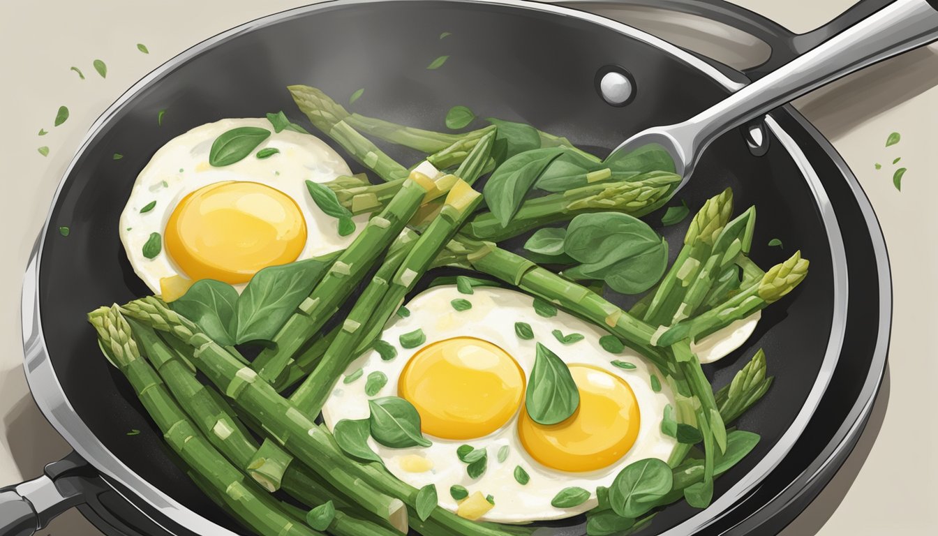 Fresh asparagus and spinach being sautéed in a skillet, then mixed with eggs and cheese before being steamed to perfection in a Texas-style frittata