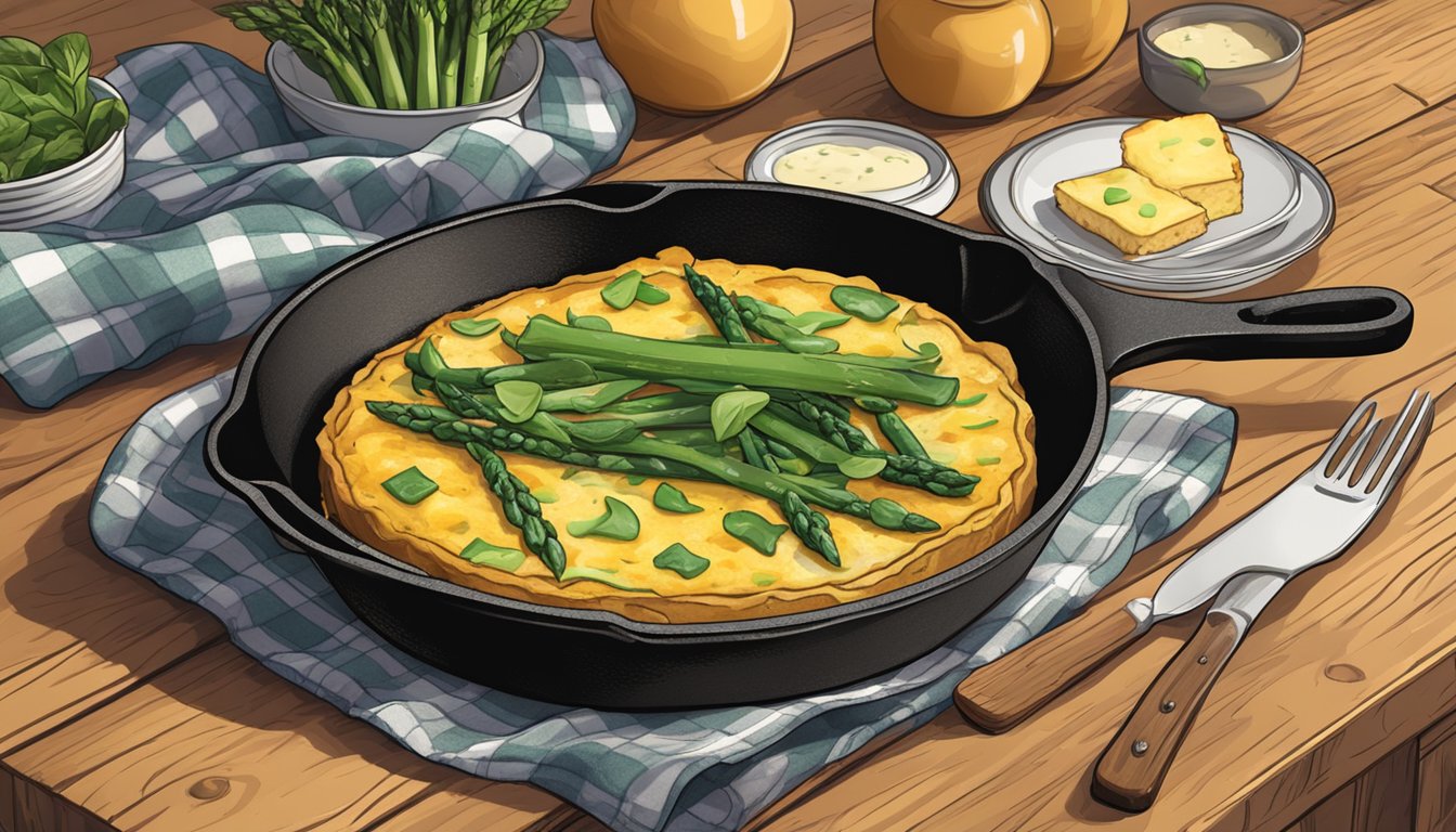 A rustic cast iron skillet filled with a golden-brown frittata, topped with steamed spinach and asparagus, set on a wooden table with a checkered cloth