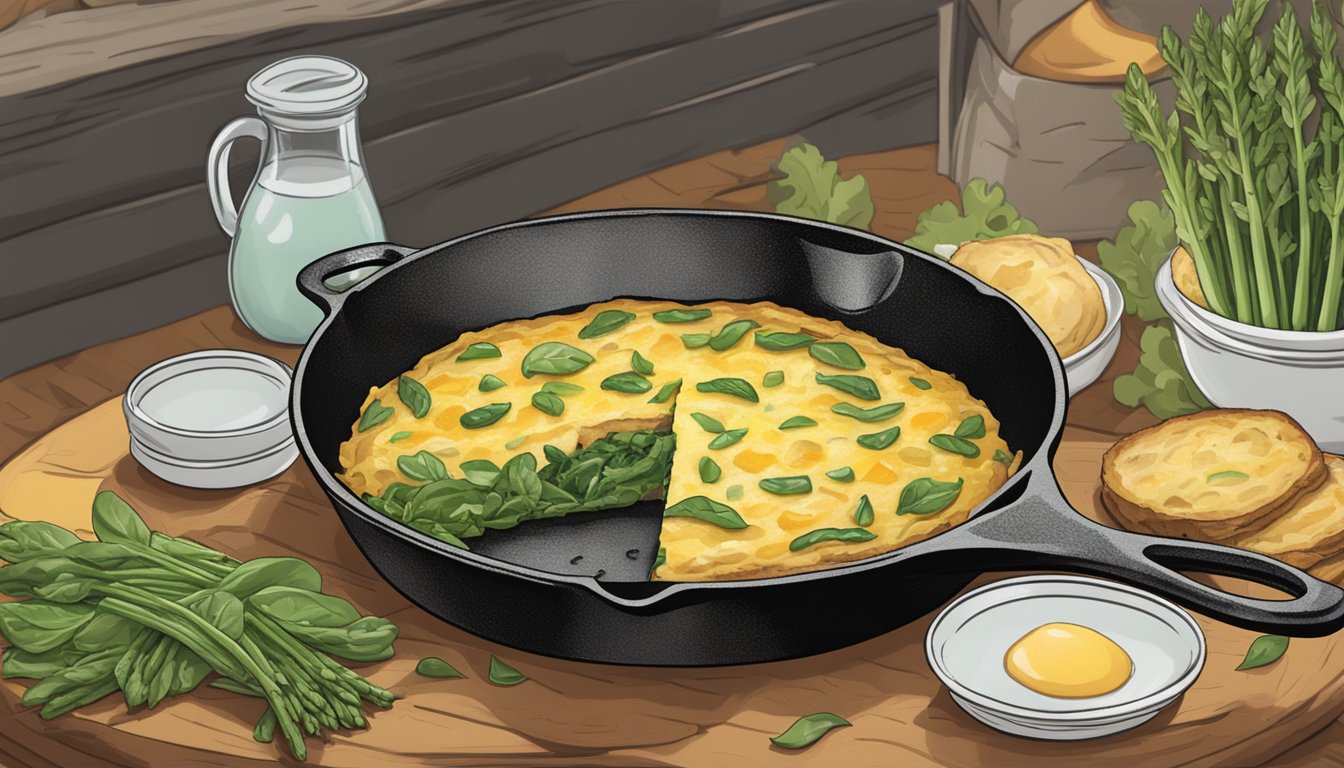 A cast iron skillet filled with a golden-brown frittata, surrounded by steamed spinach and asparagus, set against a rustic Texas backdrop