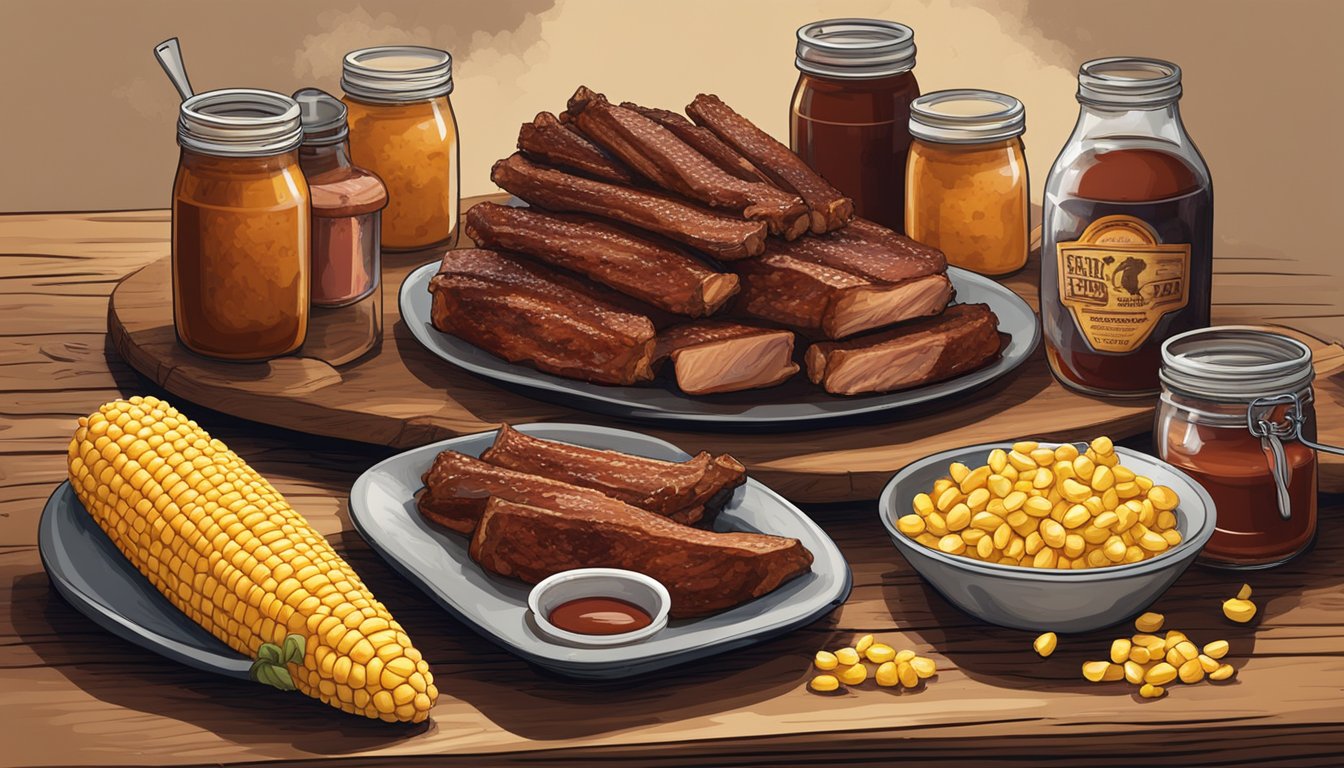 A rustic wooden table set with a platter of Texas-style country ribs, surrounded by jars of barbecue sauce and a pile of corn on the cob