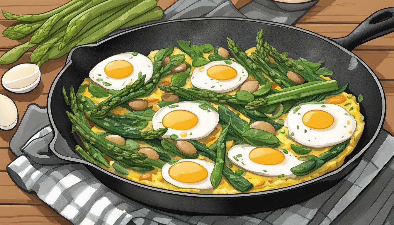 A colorful array of fresh spinach, asparagus, and eggs sizzling in a skillet, emitting a tantalizing aroma of Texas-style frittata