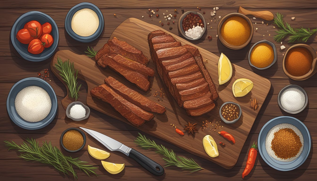 A rustic wooden cutting board with raw country-style ribs, surrounded by Texas-themed spices and seasonings