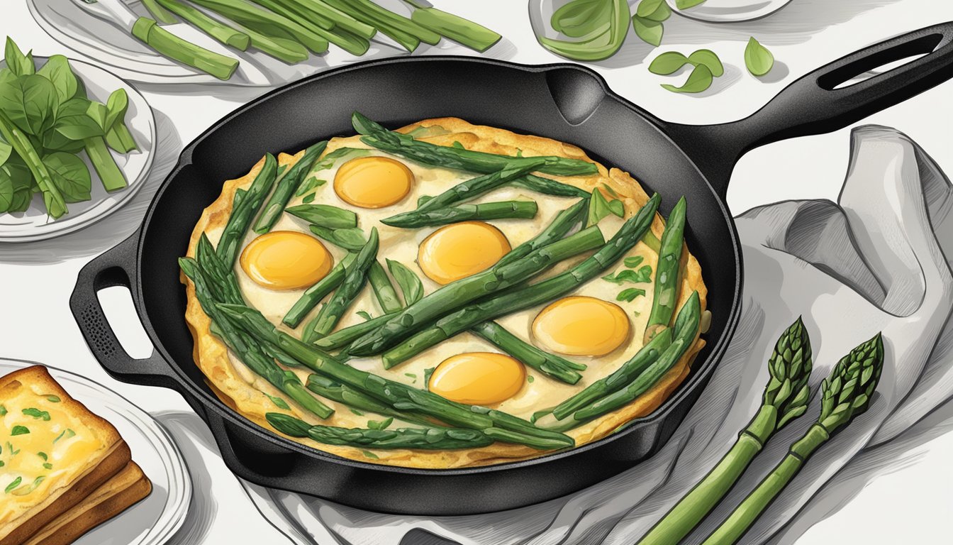 A rustic skillet with a sizzling frittata surrounded by steamed spinach and asparagus