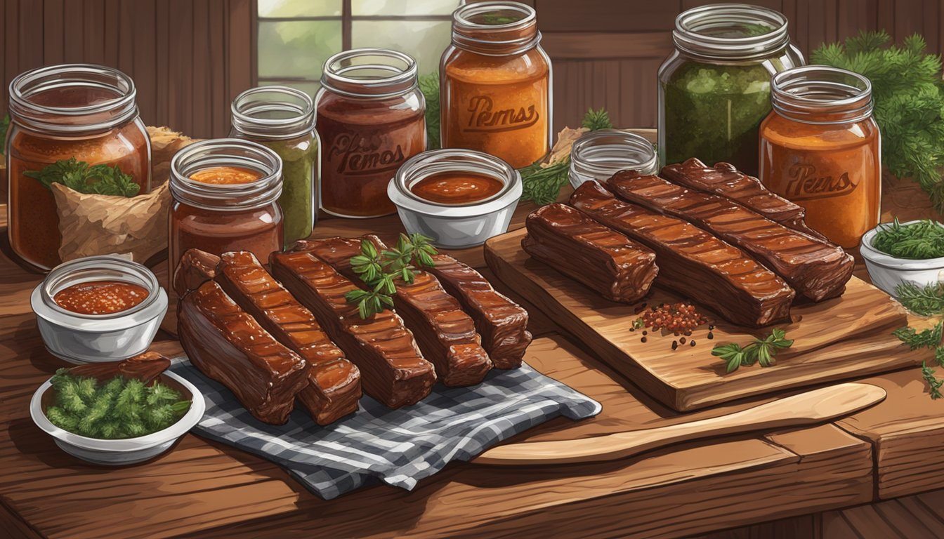 A rustic wooden table with a slab of Texas-style country ribs dripping with homemade BBQ sauce, surrounded by jars of spices and fresh herbs