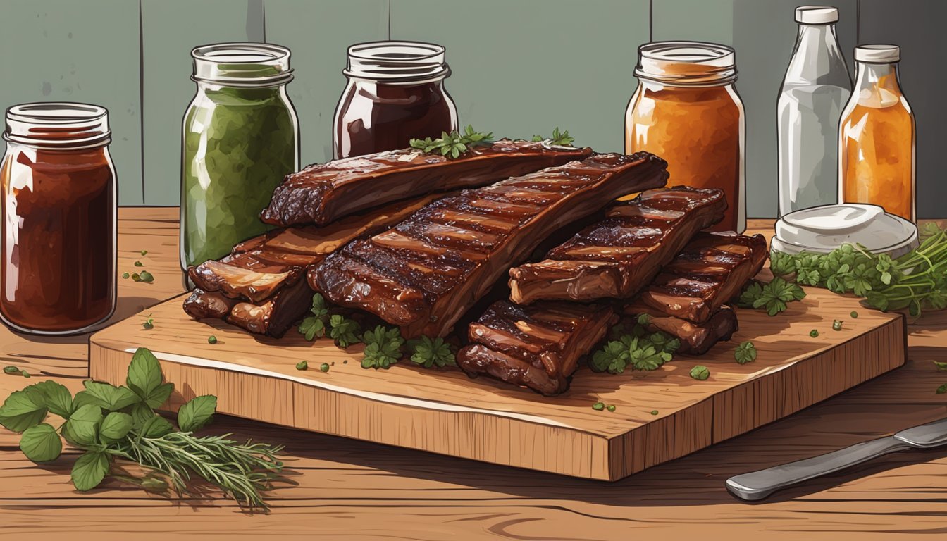 A rustic wooden table topped with a platter of juicy, charred ribs, surrounded by jars of tangy barbecue sauce and a scattering of fresh herbs