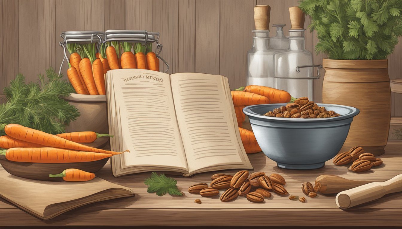 A rustic kitchen counter with bowls of carrots, pecans, and spices, surrounded by a vintage recipe book and a rolling pin