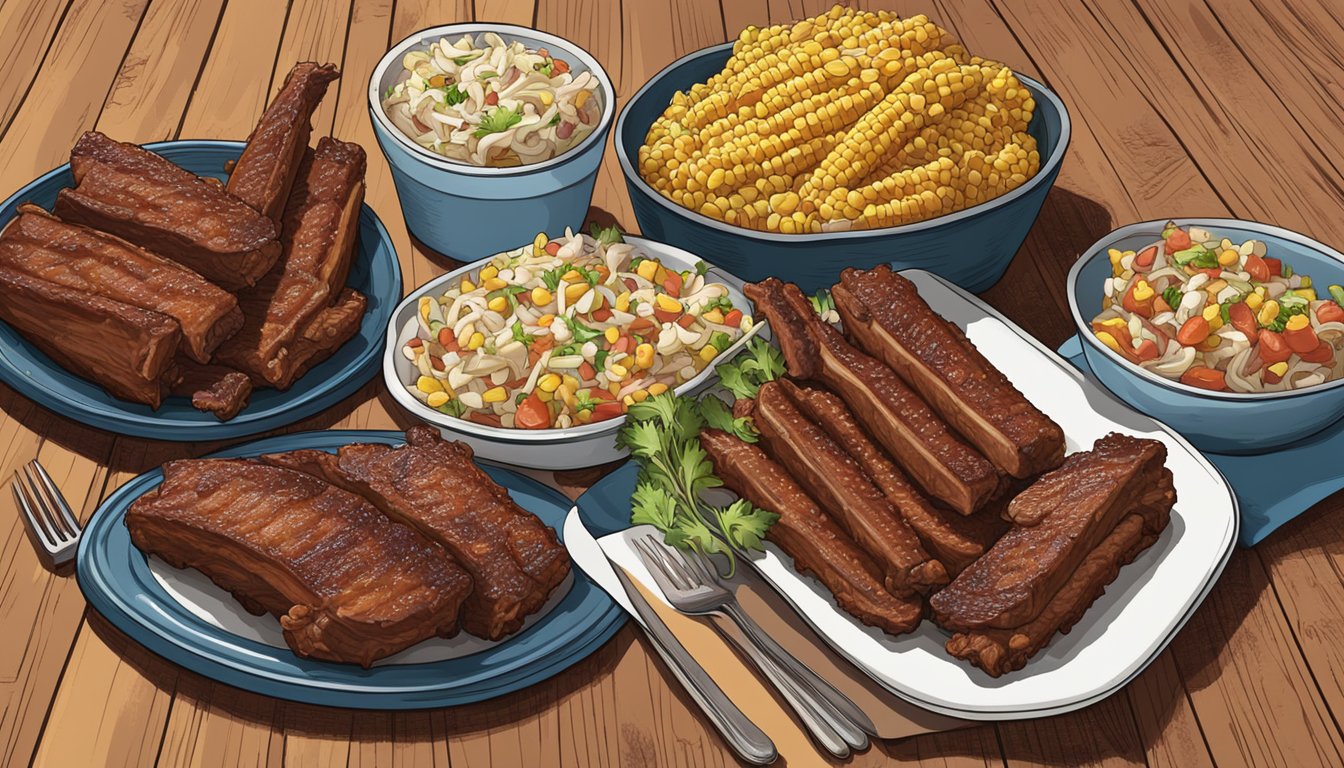 A rustic wooden table with a platter of juicy, saucy Texas-style country ribs, surrounded by corn on the cob and coleslaw