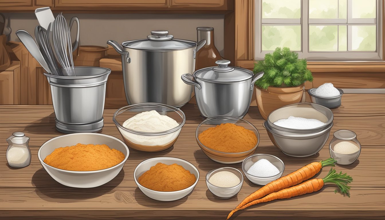 A rustic kitchen counter with ingredients and utensils for making Texas-style carrot cake cookies