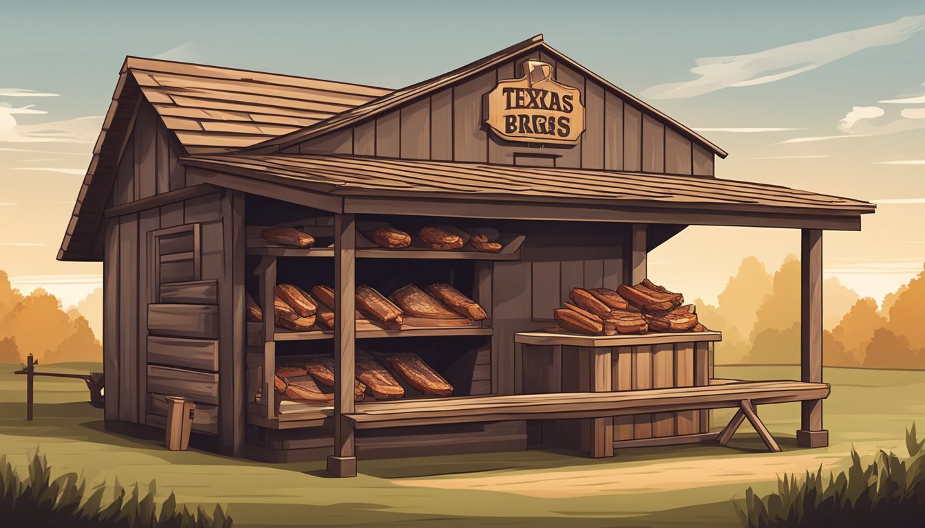 A rustic wooden smokehouse with hanging racks of Texas-style country ribs