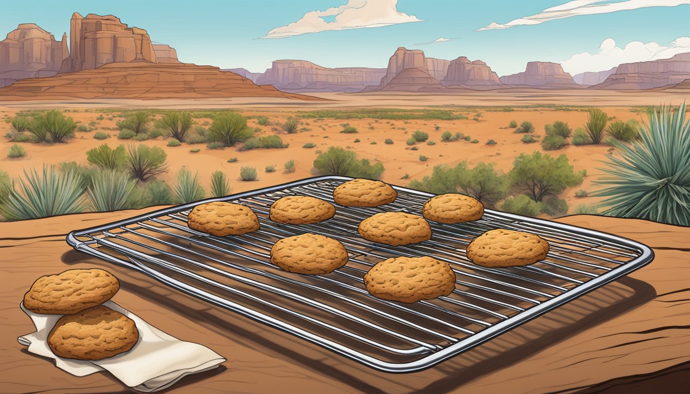 Carrot cake cookies cooling on a wire rack, surrounded by Texas desert landscape