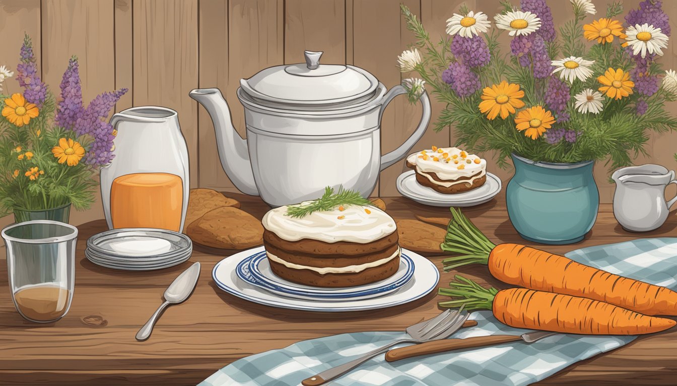 A rustic kitchen table with a plate of carrot cake cookies surrounded by Texan wildflowers and a cowboy hat