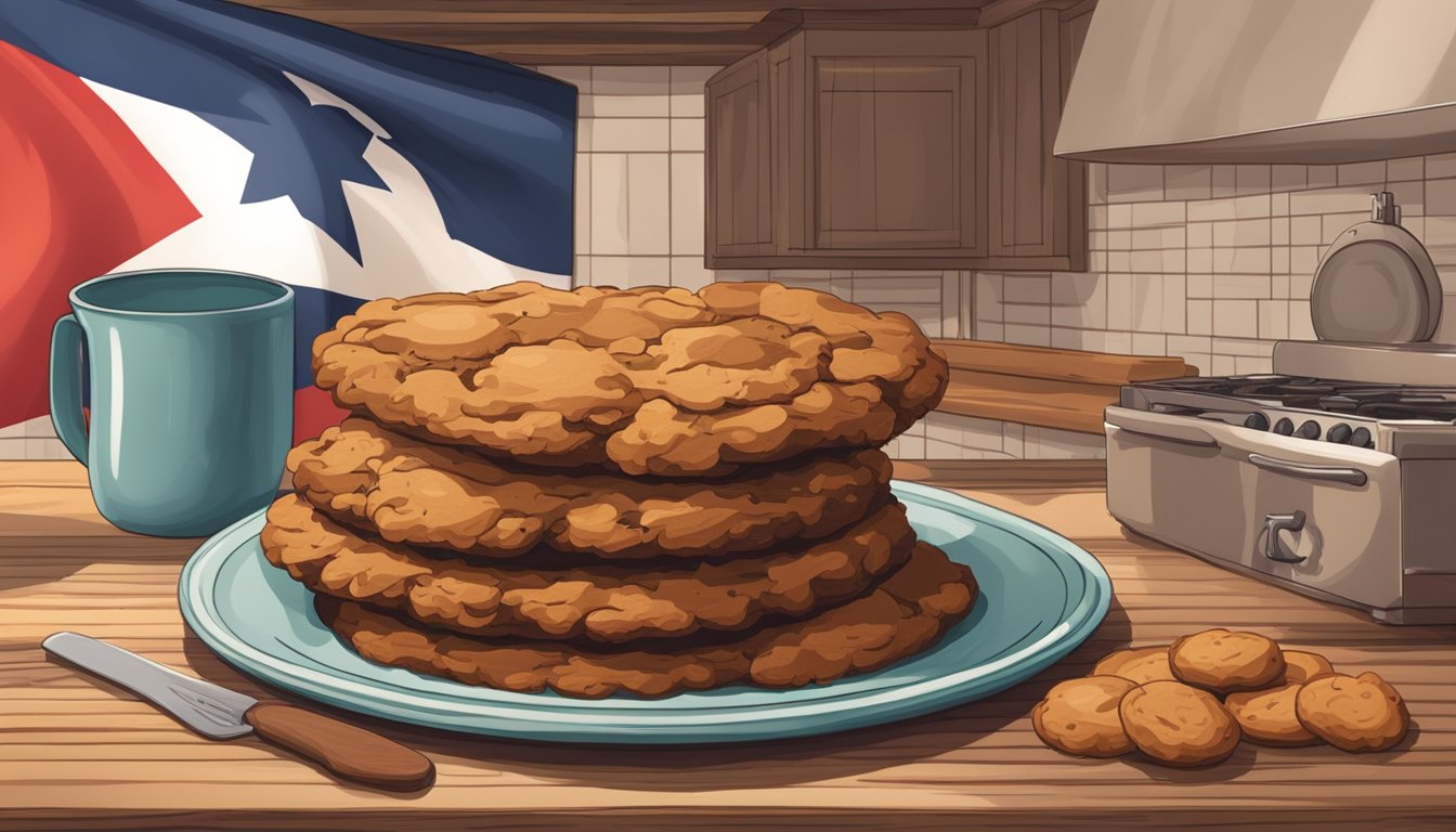 A rustic kitchen with a Texas flag hanging on the wall, a plate of carrot cake cookies, and ingredients for the recipe laid out on a wooden countertop