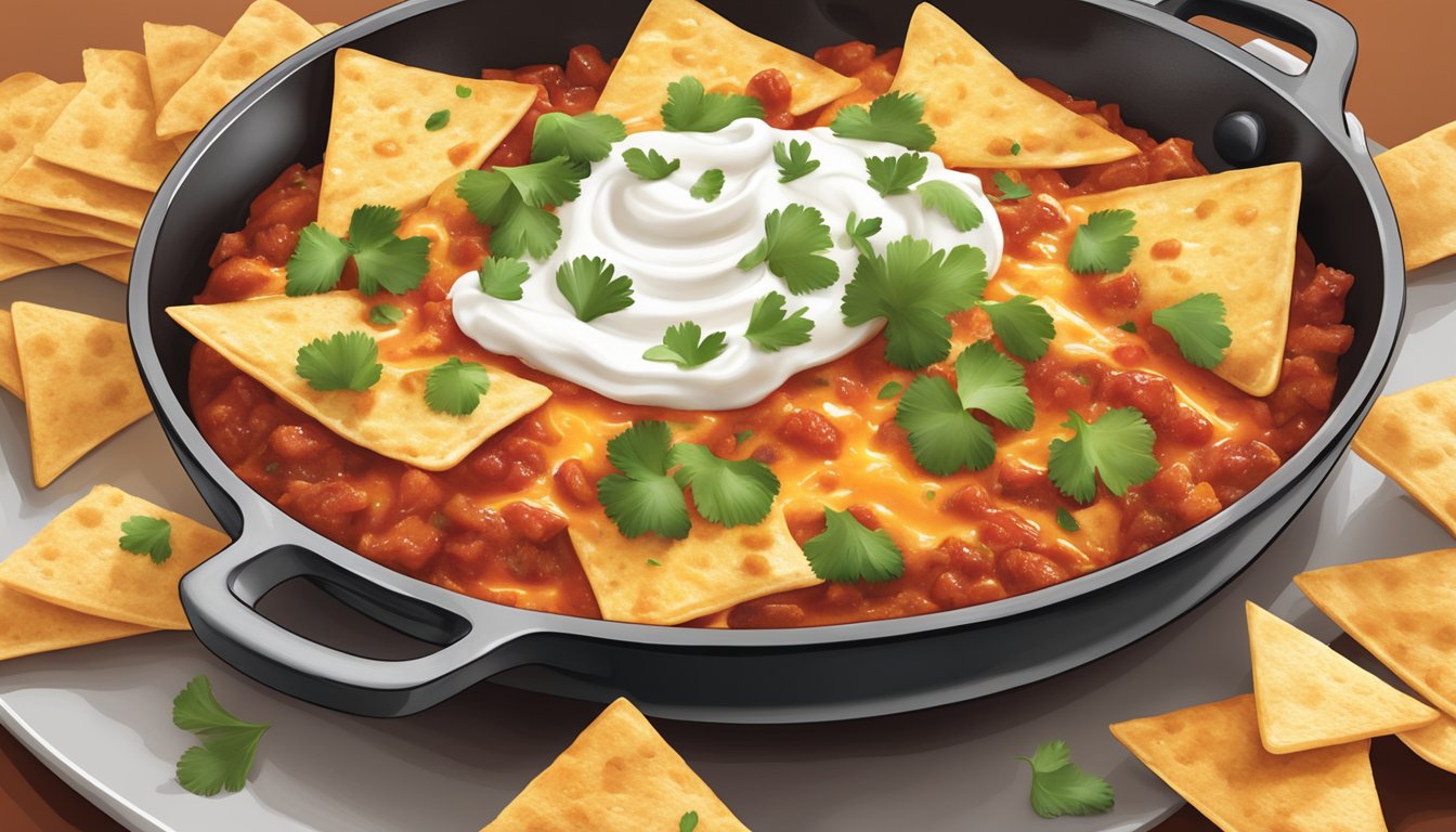 A sizzling skillet of crispy tortilla chips smothered in spicy red salsa and topped with melted cheese, fresh cilantro, and a dollop of creamy sour cream