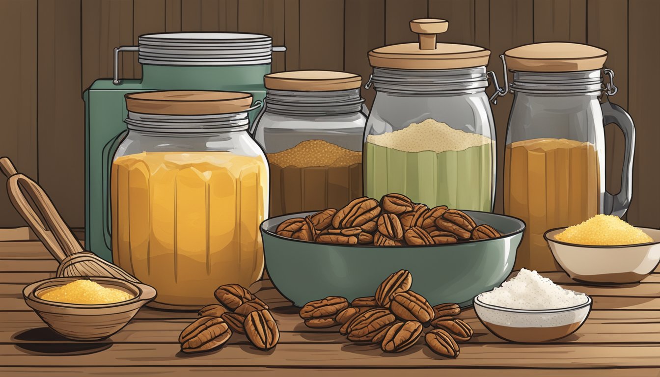 A rustic kitchen with jars of local Texas ingredients, including pecans and honey, alongside a mixing bowl and a food processor