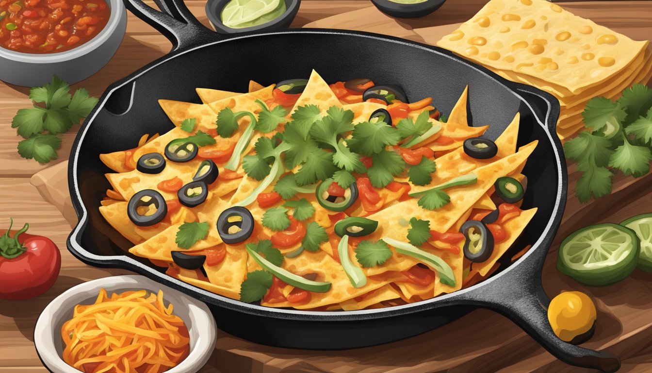 A cast iron skillet filled with sizzling tortilla strips, smothered in spicy red salsa, topped with melted cheese, and garnished with fresh cilantro and sliced jalapeños