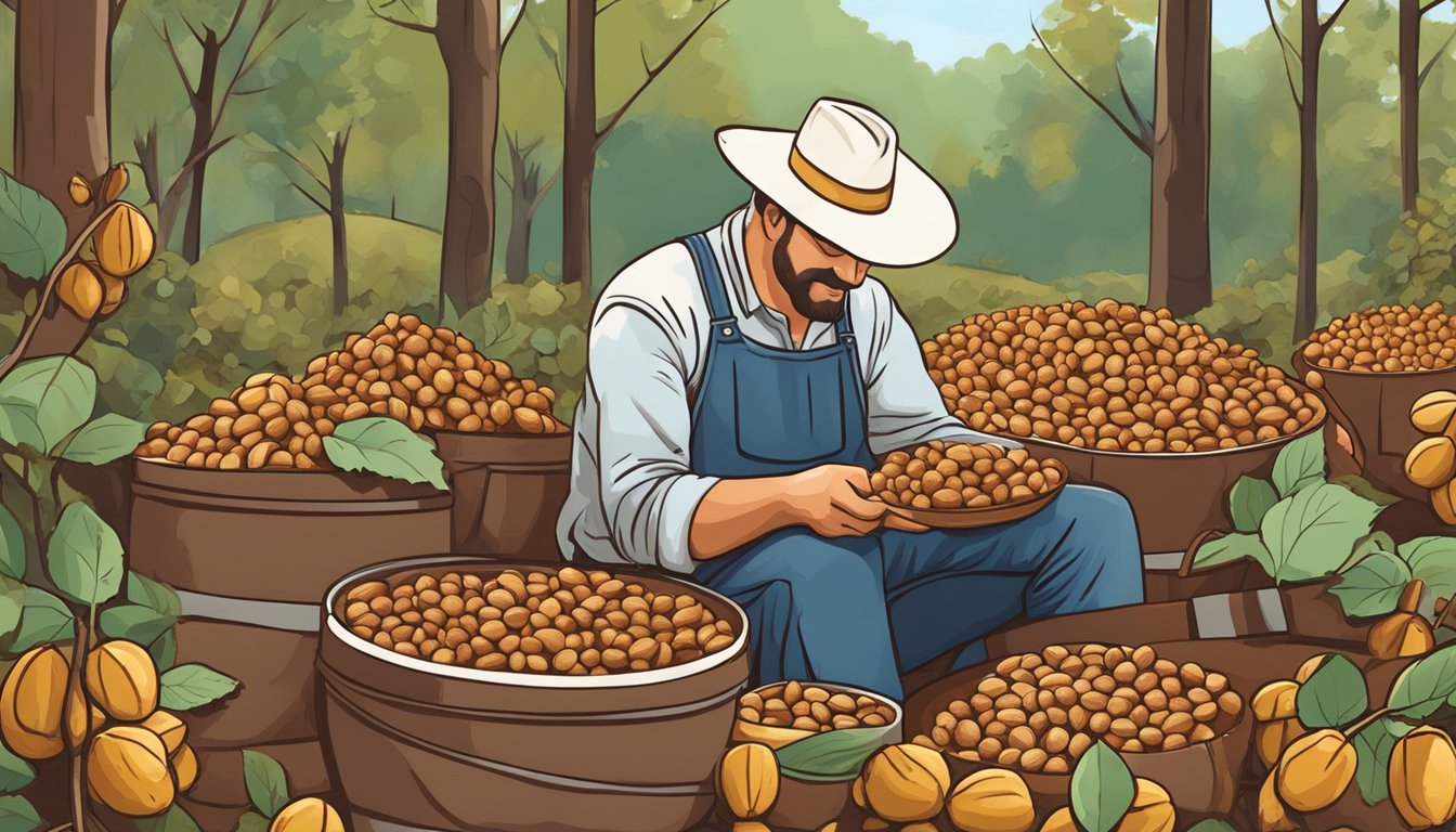 A Texan farmer gathering fresh hazelnuts and cocoa beans from their local farm to make homemade Nutella